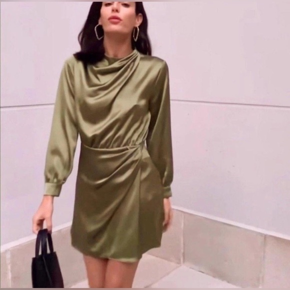 olive green satin dress zara NEW Zara Khaki Olive Green Silky Satin Cutout Long Sleeve Midi Maxi Dr –  Brie